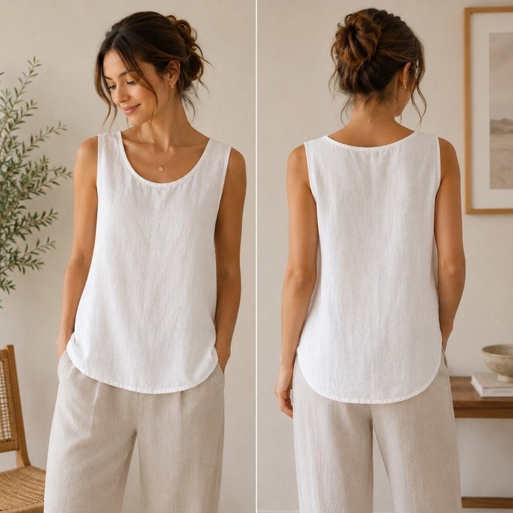 Flax Sz M 100% Linen Tank Top Scoop Neck Sleeveless White Lagenlook Loose Shirt